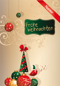 Weihnachtskarte mit Vogel und Christbaumkugeln