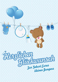Wäscheleine mit Teddybär (Glückwunsch zur Geburt Junge)