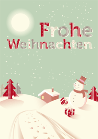 Frohe Weihnachten, Weihnachtskarte mit Winterlandschaft und Schneemann