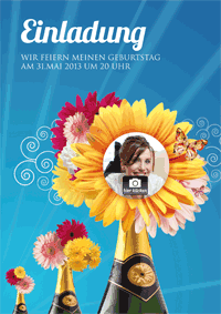 Einladungskarte mit Blumen und Champagner