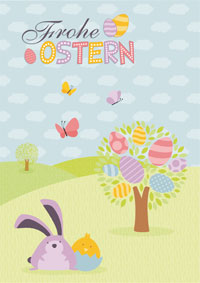 Osterkarte mit dickem Osterhasen und Ostereiern