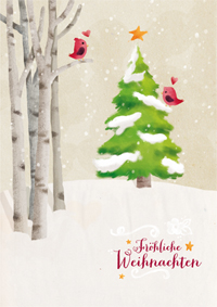 Weihnachtskarte mit niedlichen Vögelchen im Schnee