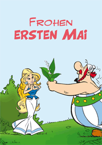 Frohen ersten Mai! Grußkarte mit Obelix und Falbala