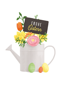 Osterkarte mit Blumen und Gießkanne